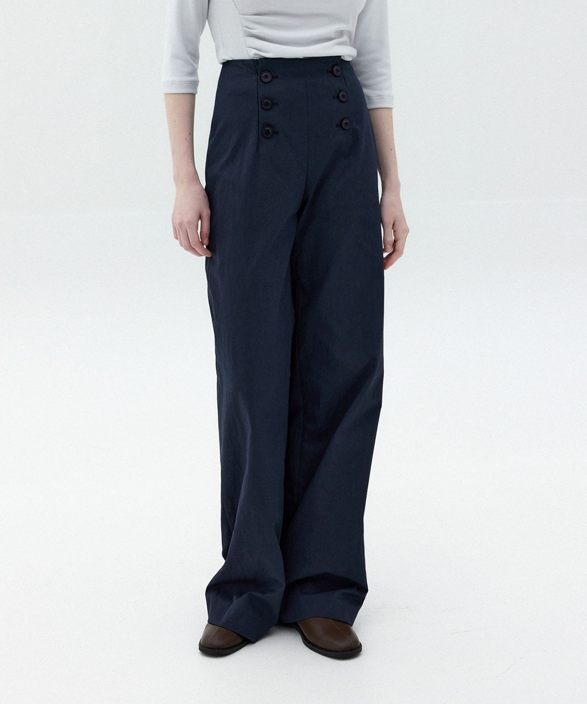 이보크에라(EVOKEERA) Linear Button Wide Cotton Pants(Navy)