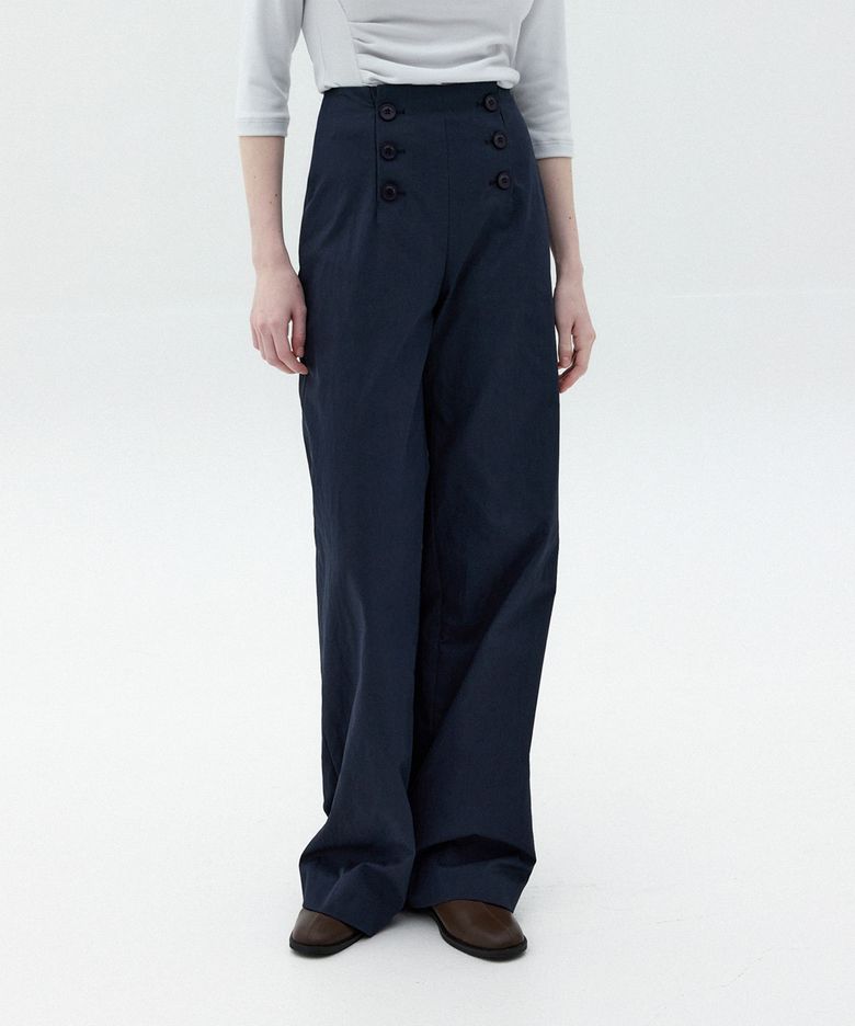 Linear Button Wide Cotton Pants(Navy)