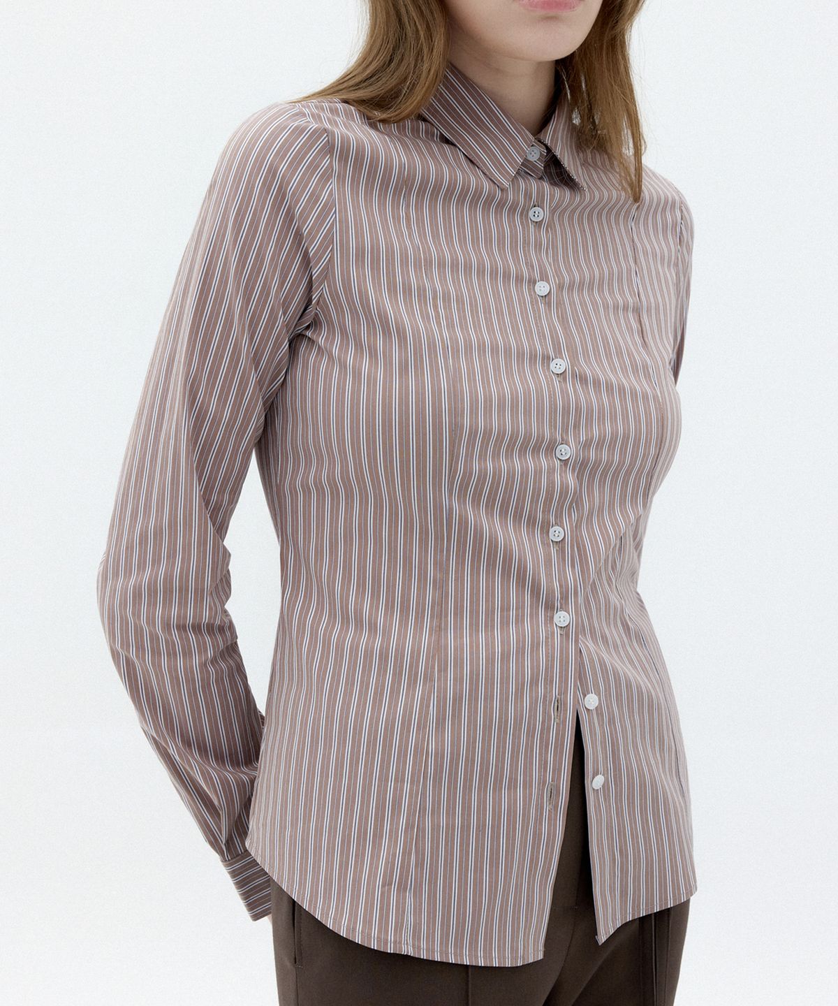 이보크에라(EVOKEERA) Slim Fit Span Shirt(Brown Stripe)