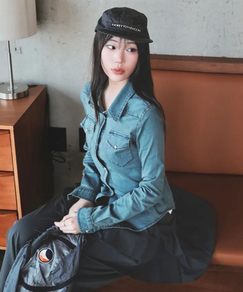 링 스냅 슬림 핏 데님 셔츠 샌드블루