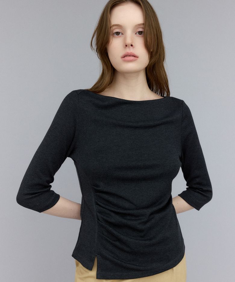 Boat Neck Shirring Span T-Shirt(Charcoal)