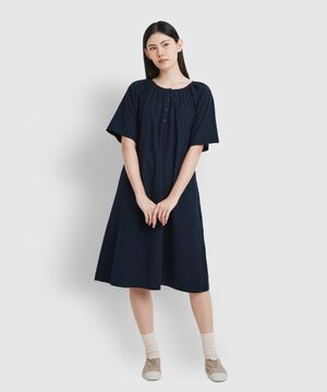 여 코튼 셔링 5부 파자마 원피스_네이비