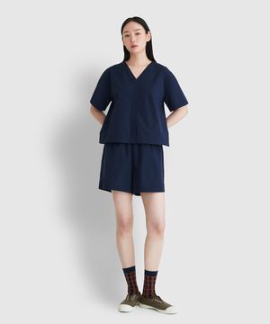 여 시어서커 브이넥 3부 파자마 세트_네이비