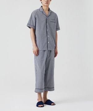 남 코튼 시어서커 7부 파자마 세트_라이트 네이비