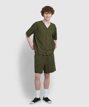 남 시어서커 브이넥 4부 파자마 세트_카키