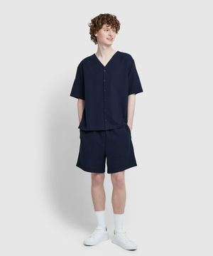 남 시어서커 브이넥 4부 파자마 세트_네이비