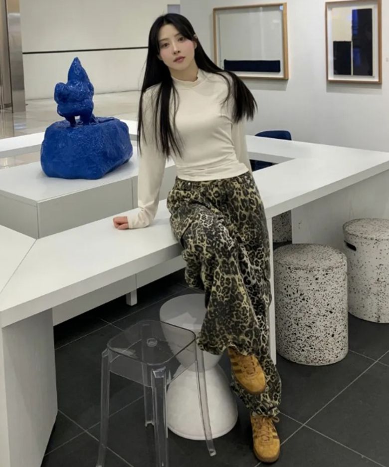 레오파드 와이드 카고 팬츠 브라운
