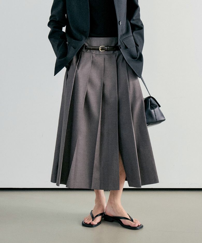 GATHER PLEATS LONG SKIRT - BROWN STRIPE