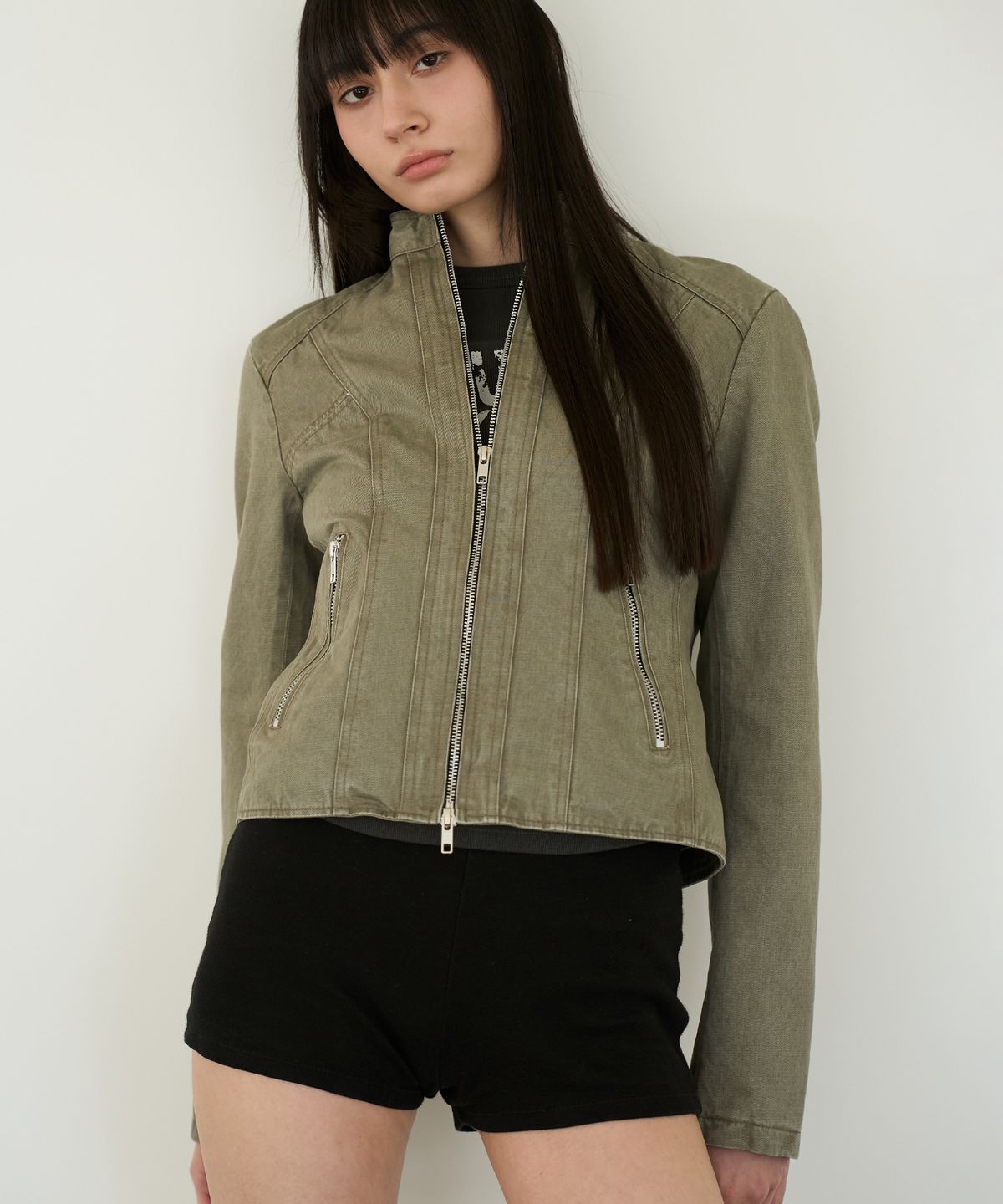 도프셉(DOFFSEPT) Crop Cotton Biker Jacket in Khaki