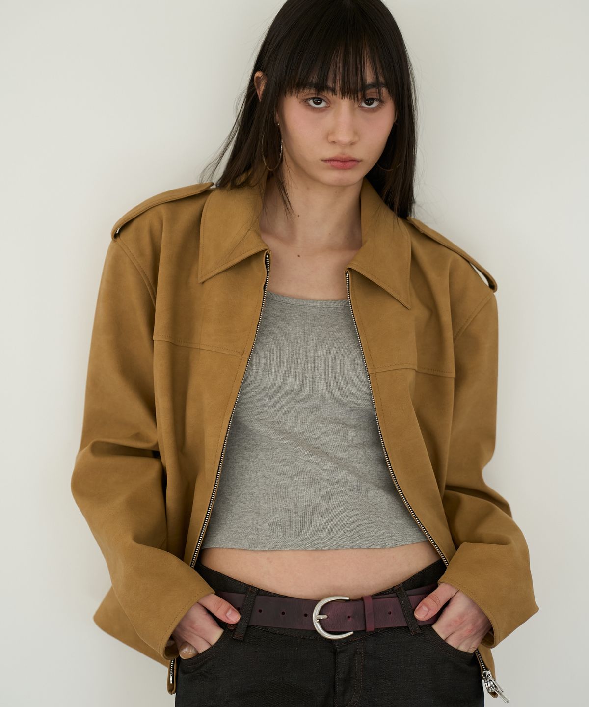 도프셉(DOFFSEPT) Overfit Epaulet Leather Jacket in Camel