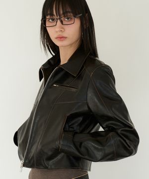 Cutline Crop Leather Jacket in Black