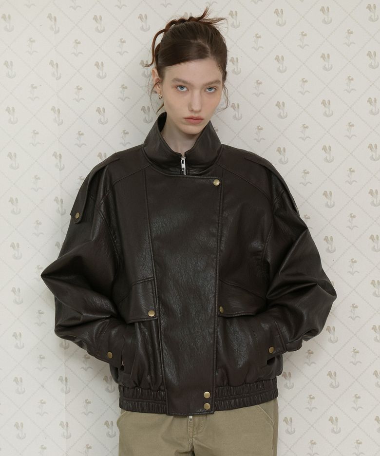 Overfit Placket Leather Blouson in Brown
