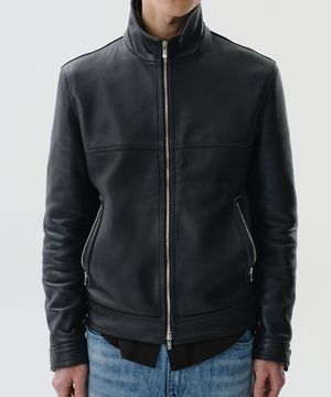 WASHED LAMBSKIN HIGH NECK LEATHER JACKET (BLACK)