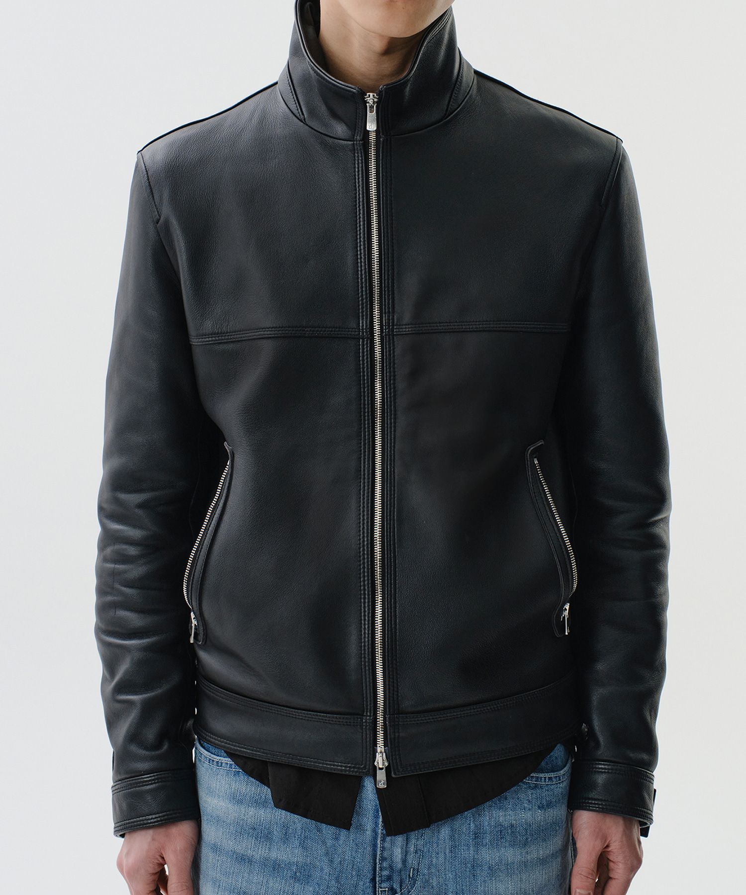 MUSINSA | DIVEIN WASHED LAMBSKIN HIGH NECK LEATHER JACKET (BLACK)