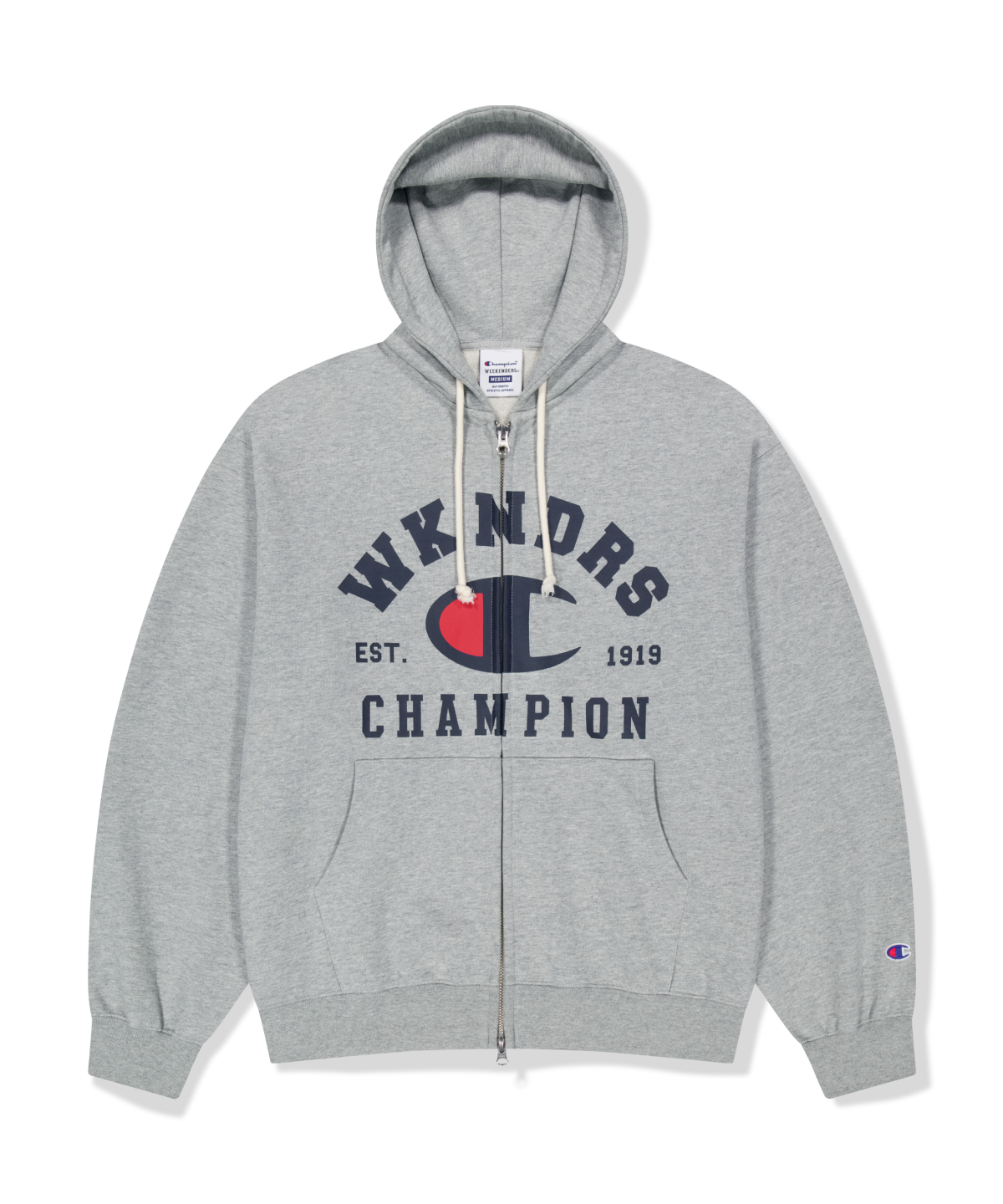 위캔더스(WKNDRS) WKNDRS x CHAMPION LOGO ZIP-UP HOODIE (M.GREY)