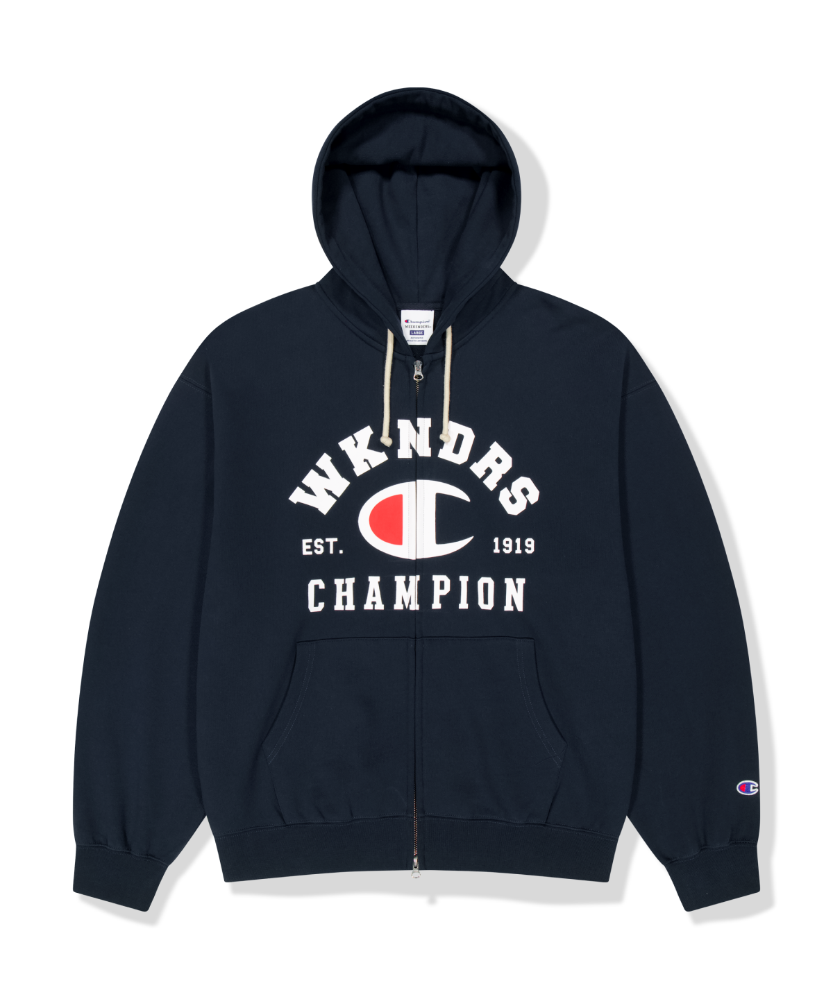 위캔더스(WKNDRS) WKNDRS x CHAMPION LOGO ZIP-UP HOODIE (NAVY)