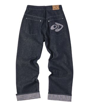 체크 롤업 데님 팬츠 인디고