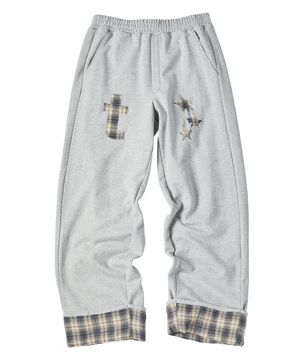 체크 롤업 스웻 팬츠 그레이