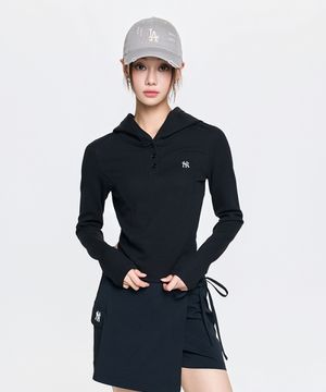 여성 베이직 슬림핏 와플 후드티 NY (Black)