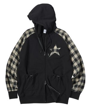 스타 콤비네이션 체크 후드 집업 블랙