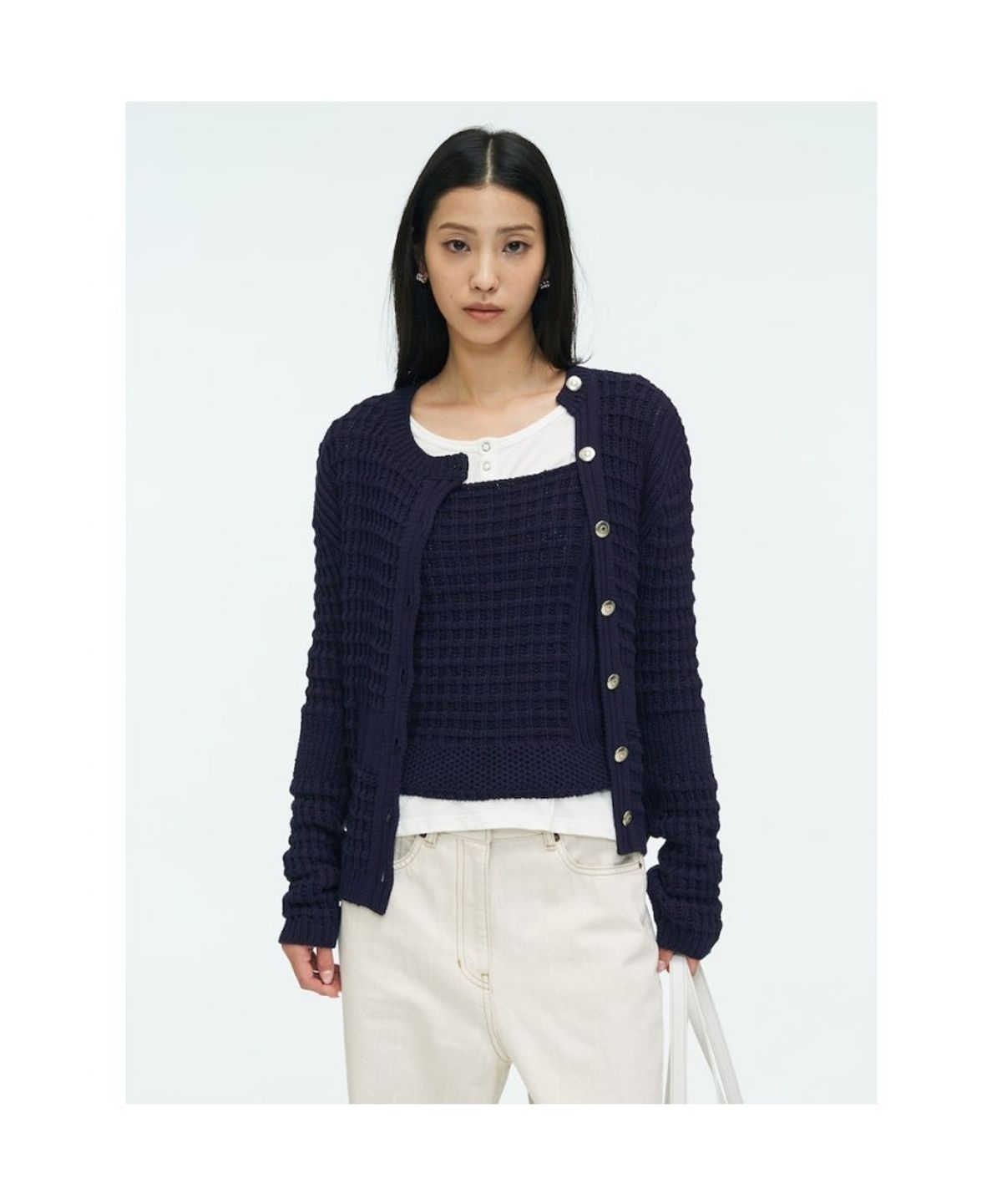 앙개(ANGGAE) Waffle Cardigan  Navy