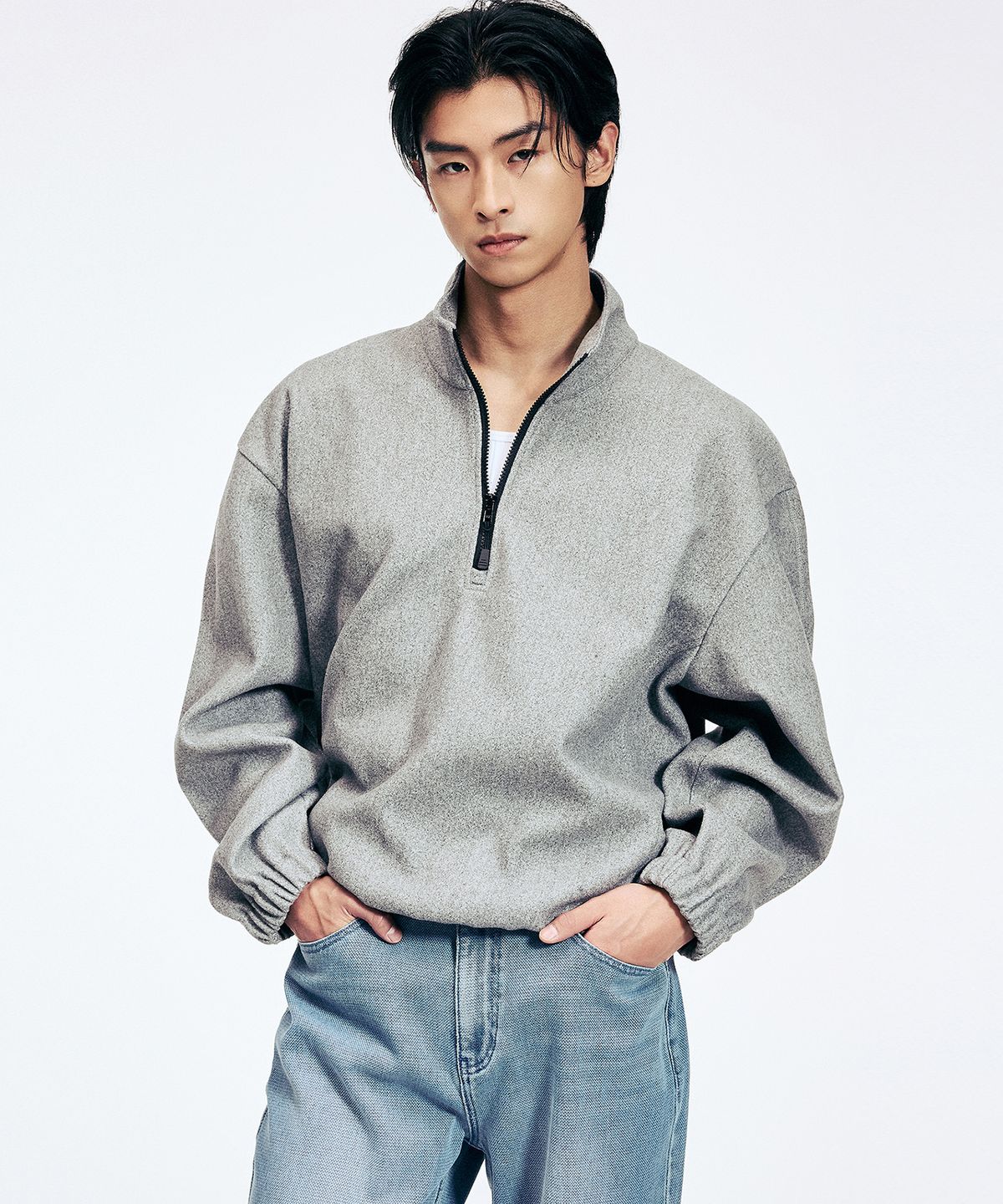 티엔지티(TNGT) Oversized Fleece Quarter Zip-up Sweatshirt (Grey) TNTS6E103G2