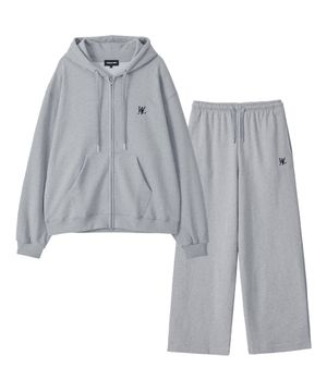 [SET] Signature hood zip-up & Signature relax wide pants - GREY