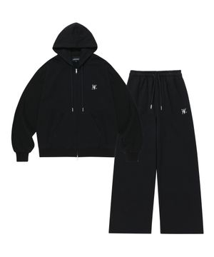 [SET] (기모)Signature hood zip-up & (기모)Signature relax wide pants - BLACK