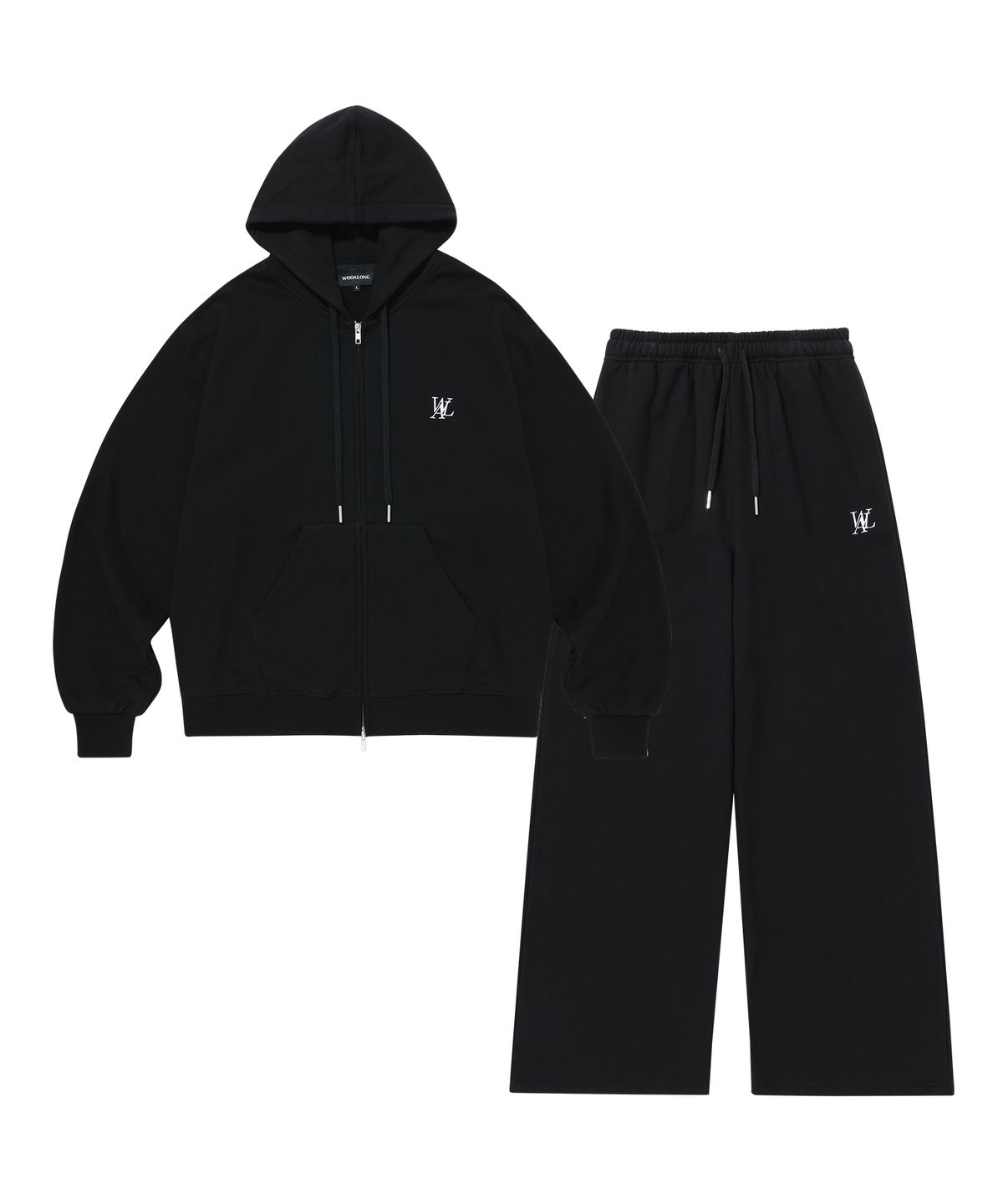 우알롱(WOOALONG) [SET] (기모)Signature hood zip-up & (기모)Signature relax wide pants - BLACK