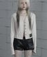 Back Diagonal Eyelet Collarless Crop Jacket (Beige)