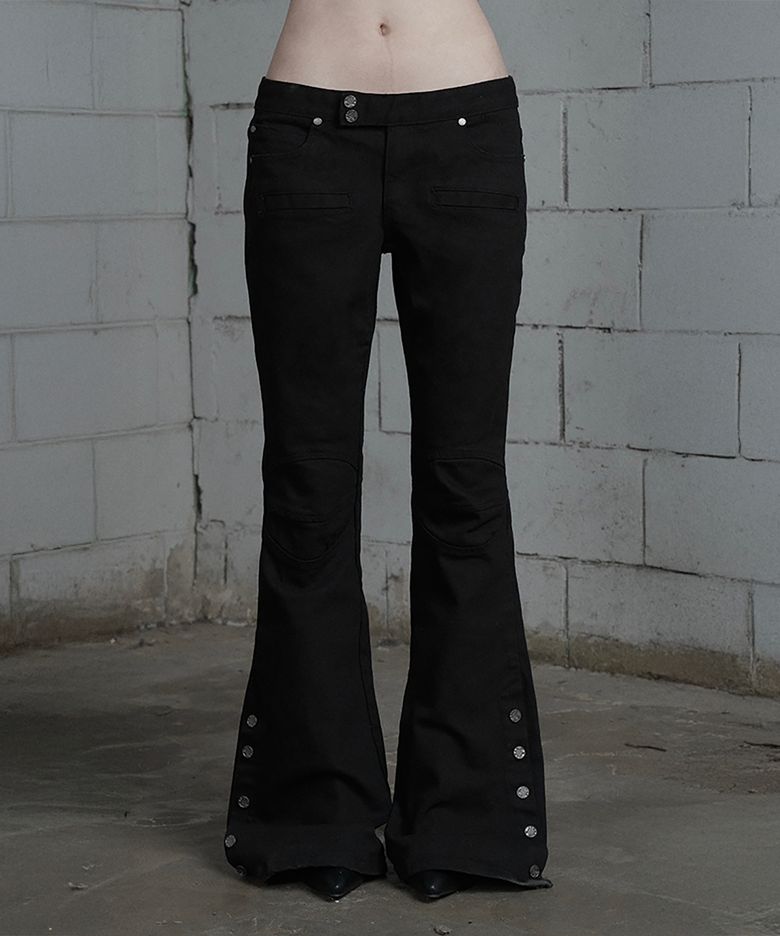 Double Knee Side Button Bootcut Denim Pants (Black)