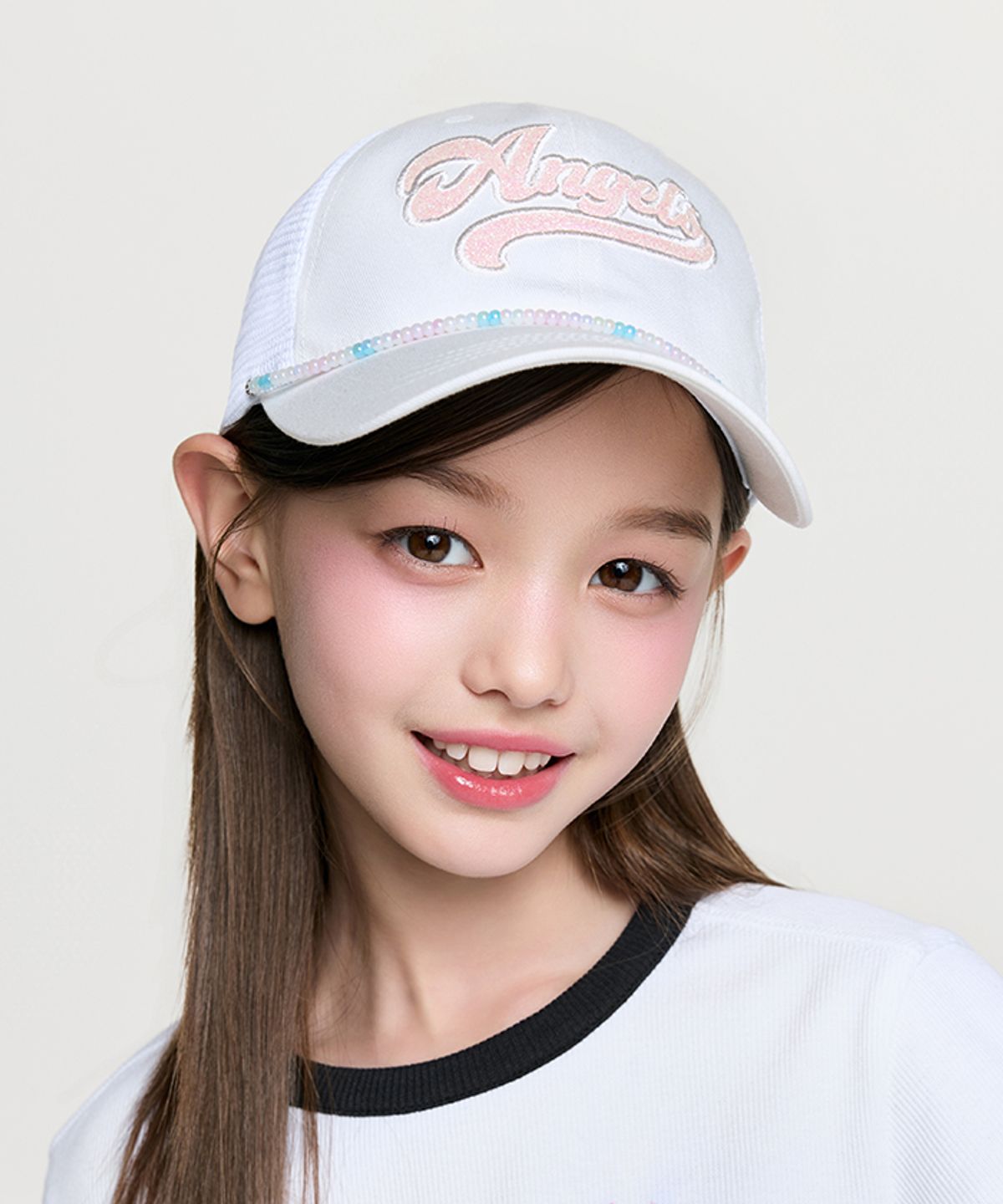 엠엘비 키즈(MLB KIDS) 여아 엔젤스 비즈 체인 메쉬캡 LAA (Ivory)
