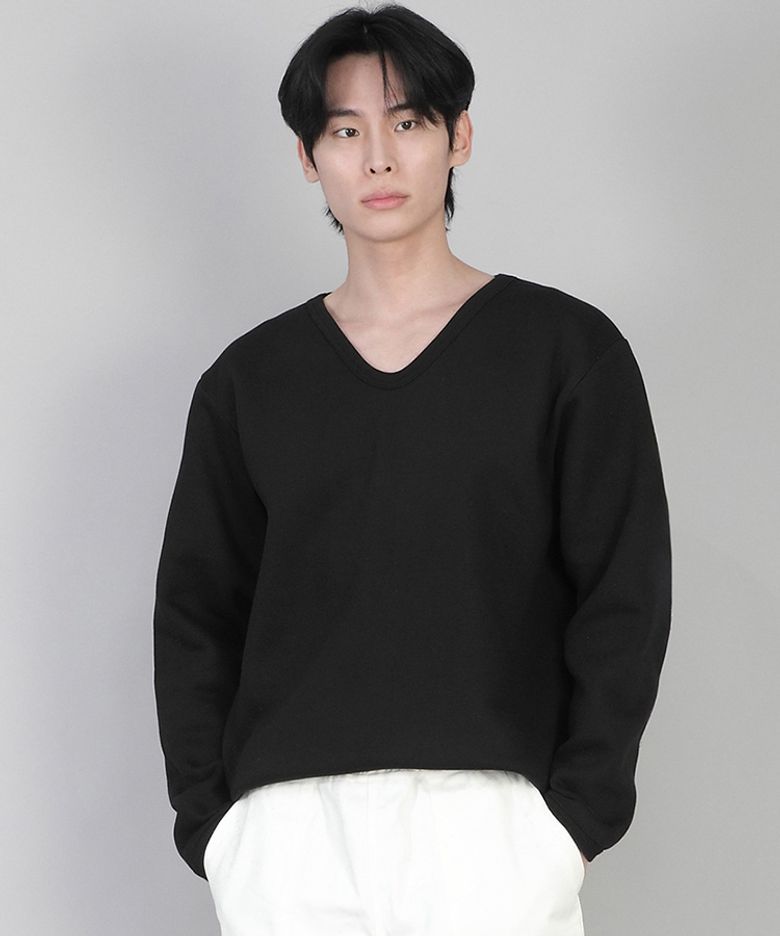 기모 무지 V넥 스웨트셔츠 PRR-871 블랙