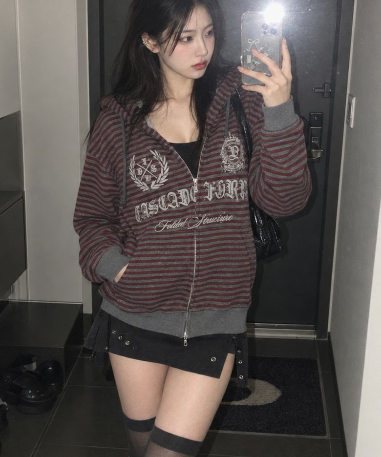 Proto Stripe Hoodie Zip Up Burgundy