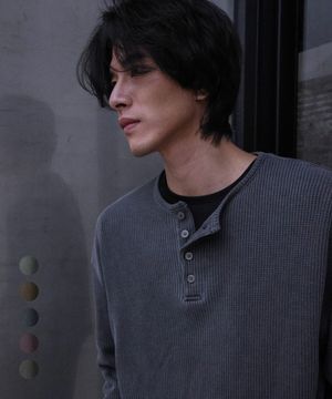 피그먼트 와플 세미 크롭 헨리넥 롱슬리브_5Color
