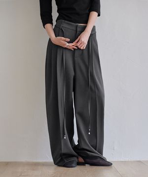 Curved Over Pintuck Slacks, CHARCOAL