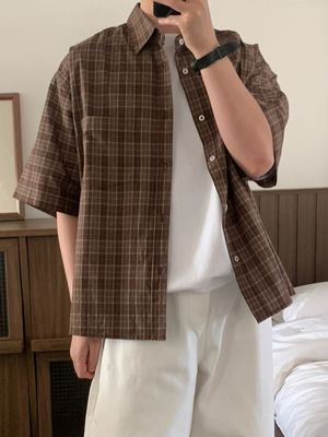 더 시티 체크 반팔 셔츠 (파스텔 브라운)