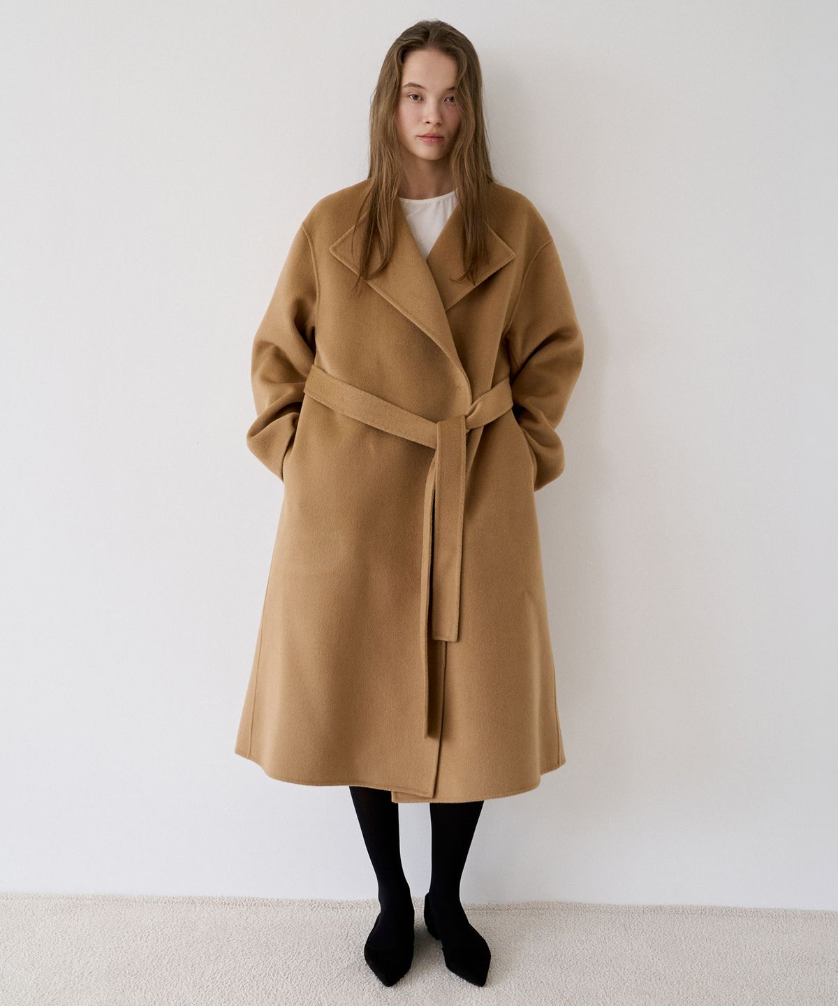 이보크에라(EVOKEERA) Cashmere Blend Handmade Long Coat With No Collar(Camel Beige)