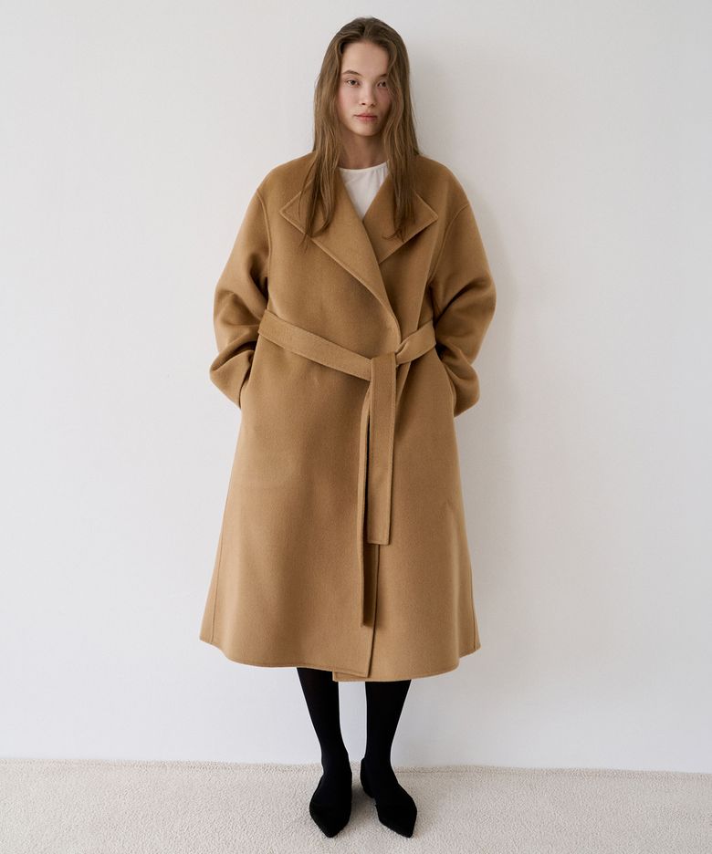 Cashmere Blend Handmade Long Coat With No Collar(Camel Beige)