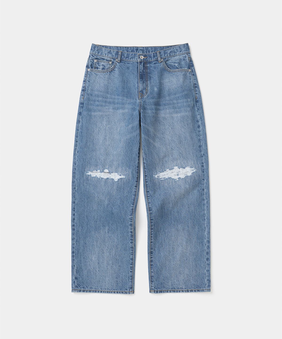 유니폼브릿지(UNIFORM BRIDGE) 001 destroyed denim pants wide fit 13.5oz indigo blue