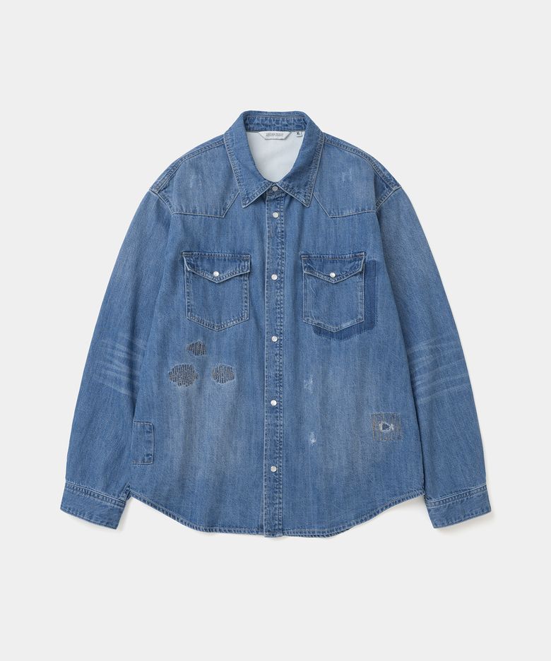 patch work western denim shirt 8.5oz light indigo