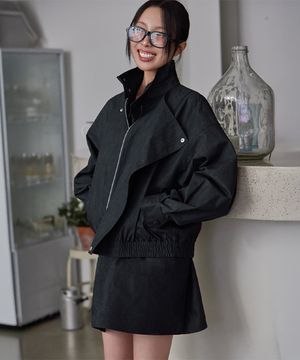 Oversized High-Neck Cotton Blouson, SLATE DENIM