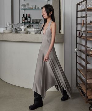 Halter Unbalanced Draped Dress, G.BEIGE