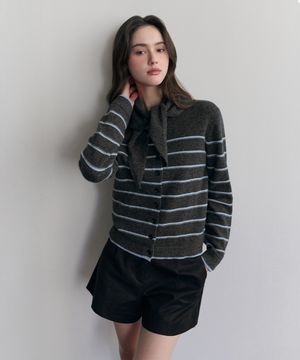 스트라이프 스카프 가디건 (그레이)