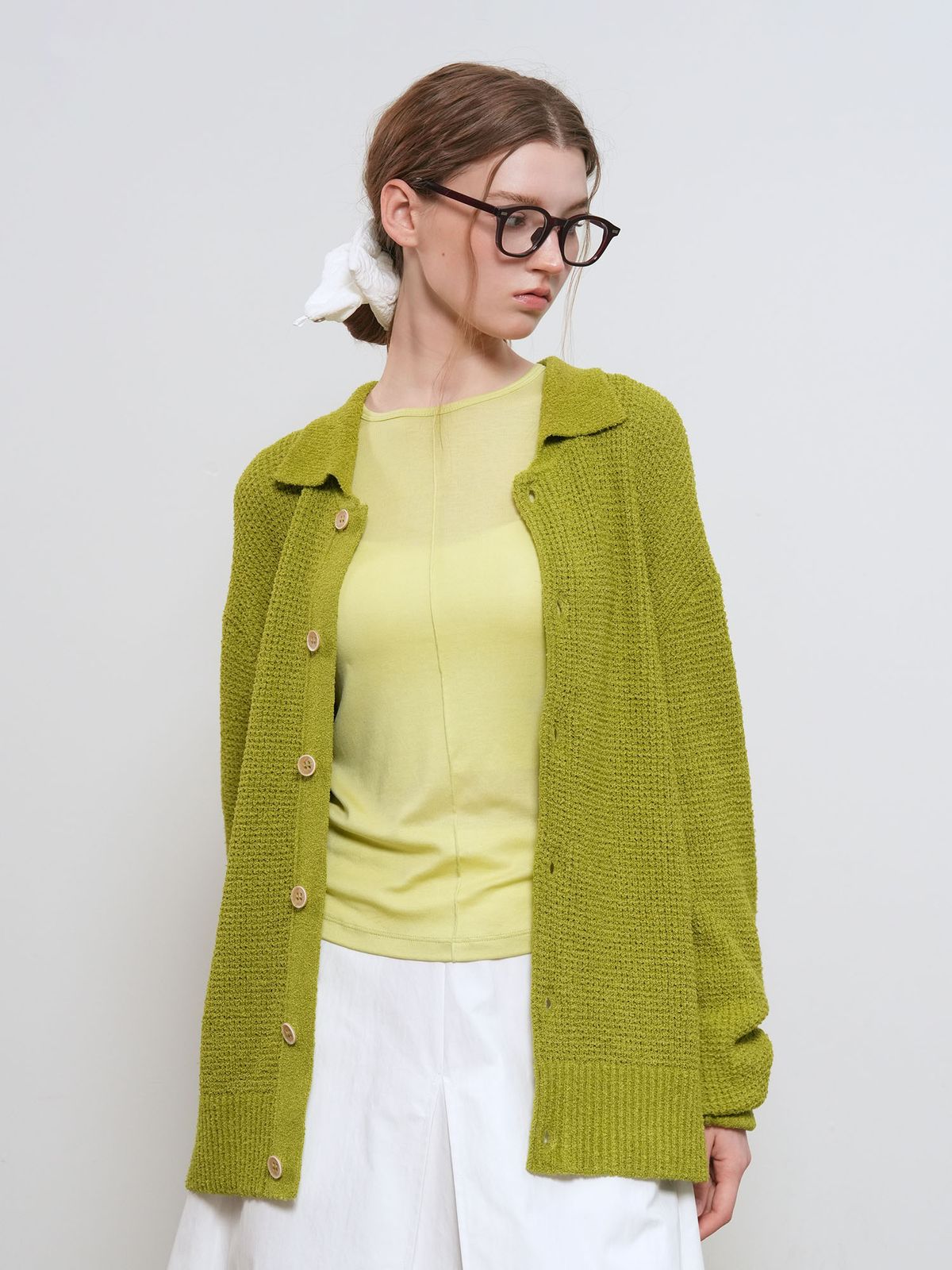 제너럴아이디어(GENERALIDEA) UNISEX 와플 부클 카라 가디건 [OLIVE] / GF1UKC001