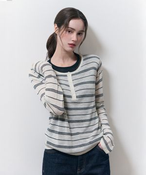 스트라이프 레이어드 헨리넥 니트 (화이트)