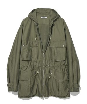 백 사틴 후디드 필드 파카 카키