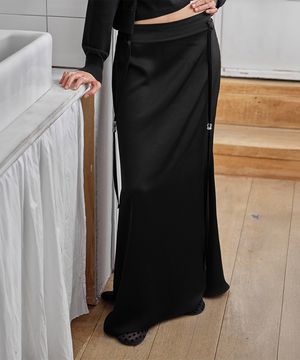 Glossy Satin Long Skirt, BLACK