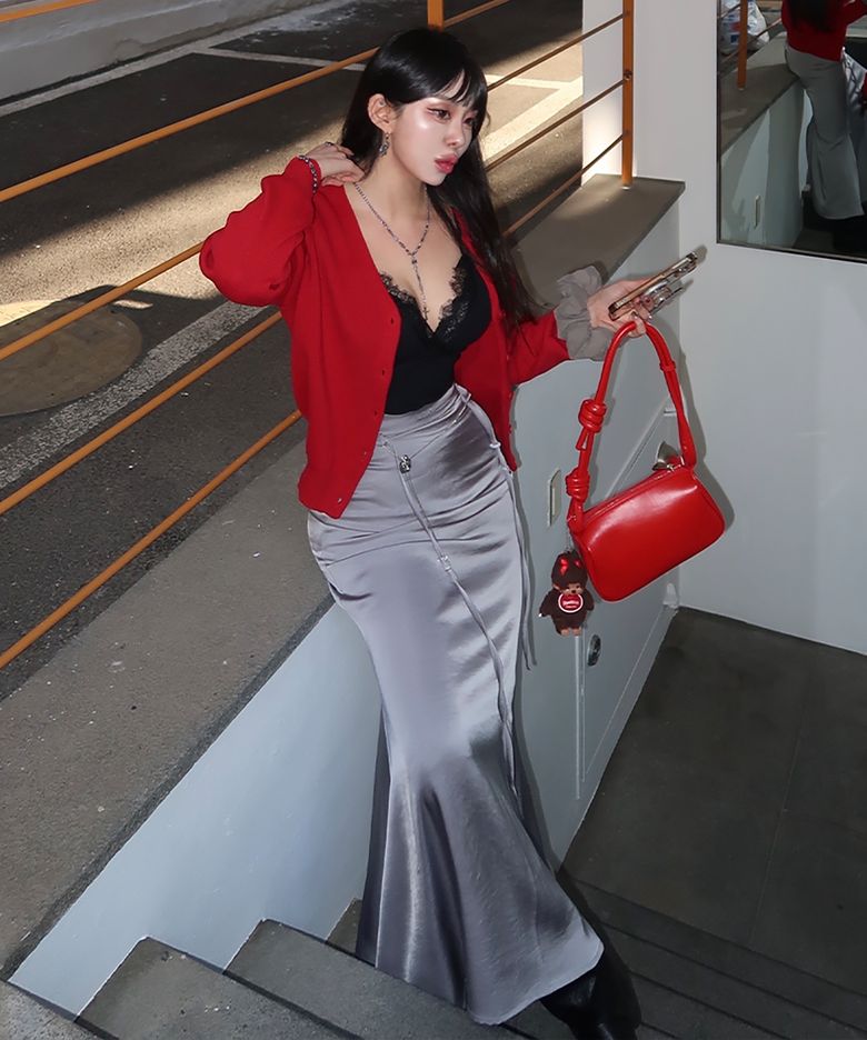 Glossy Satin Long Skirt, GREY