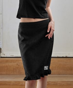 Flower Frill midi Skirt, BLACK